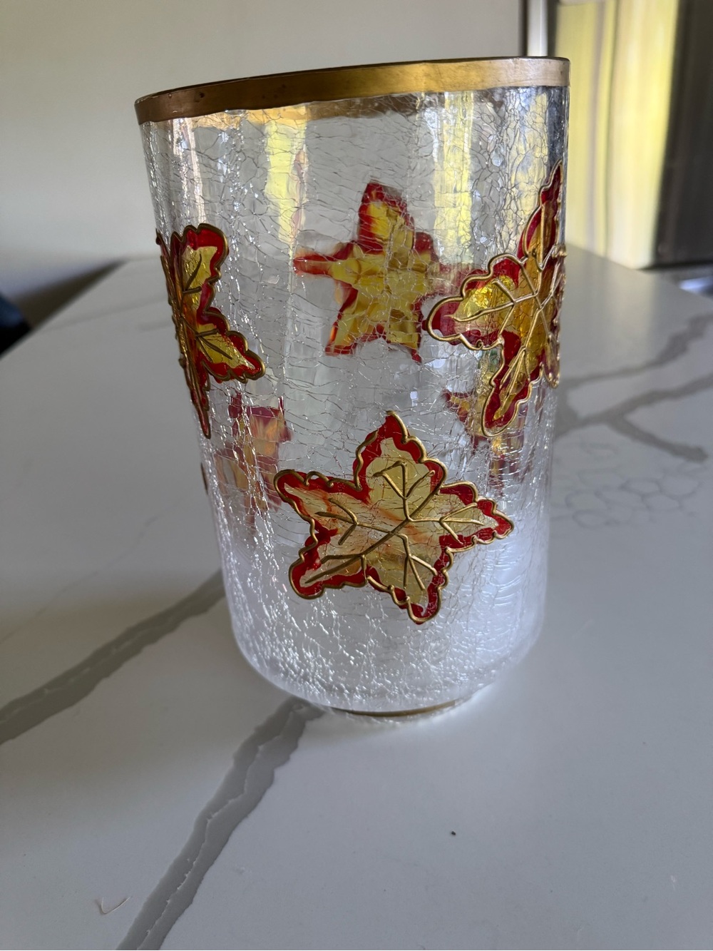 Vintage Crackle Glass Vase Gold Rim Raised Autumn Maple Leaves Fall Decor 11”